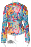 Colour Sexy Print Flounce V Neck Tops