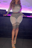 Apricot Sexy Print Mesh O Neck Long Sleeve Two Pieces