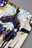 Colour Sexy Print Patchwork Asymmetrical O Neck Long Sleeve Two Pieces