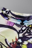 Colour Sexy Print Patchwork Asymmetrical O Neck Long Sleeve Two Pieces