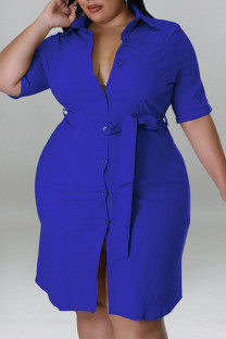 Blue Casual Solid Patchwork Buckle Turndown Collar Straight Plus Size Dresses