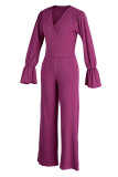 Purple Casual Solid Patchwork V Neck Long Sleeve Two Pieces