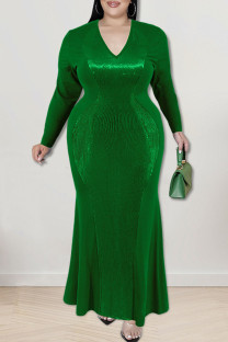 Green Sexy Solid Sequins Patchwork V Neck Long Sleeve Plus Size Dresses