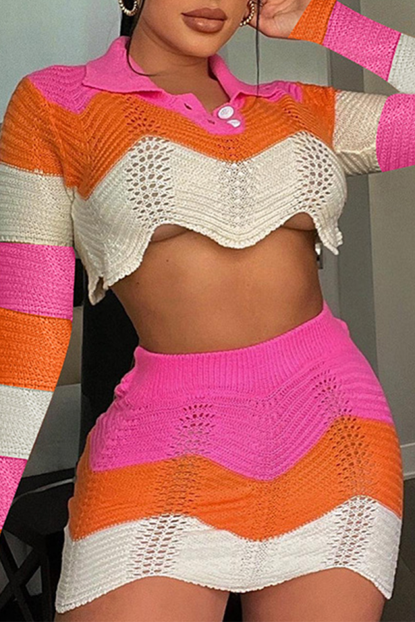 Tangerine Red Sexy Patchwork Hollowed Out Turndown Collar Long Sleeve Two Pieces