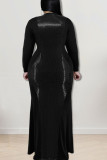 Black Sexy Solid Sequins Patchwork V Neck Long Sleeve Plus Size Dresses