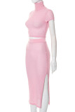 Pink Sexy Solid Patchwork Slit Turtleneck Short Sleeve Two Pieces