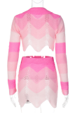 Deep Coffee Sexy Patchwork Hollowed Out Turndown Collar Long Sleeve Two Pieces