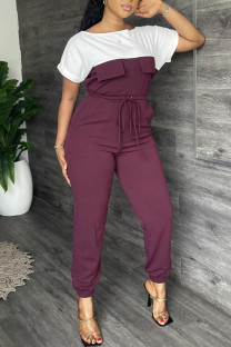 Burgundy Fashion Casual Solid Patchwork Contrast O Neck Regular Jumpsuits