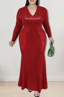 Red Sexy Solid Sequins Patchwork V Neck Long Sleeve Plus Size Dresses
