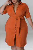 Orange Casual Solid Patchwork Buckle Turndown Collar Straight Plus Size Dresses