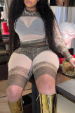 Apricot Sexy Print Mesh O Neck Long Sleeve Two Pieces