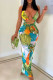 Yellow Sexy Print Hollowed Out Patchwork Spaghetti Strap One Step Skirt Dresses