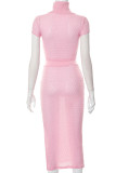 Pink Sexy Solid Patchwork Slit Turtleneck Short Sleeve Two Pieces