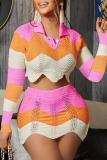 Deep Coffee Sexy Patchwork Hollowed Out Turndown Collar Long Sleeve Two Pieces