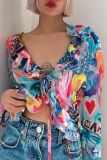 Colour Sexy Print Flounce V Neck Tops
