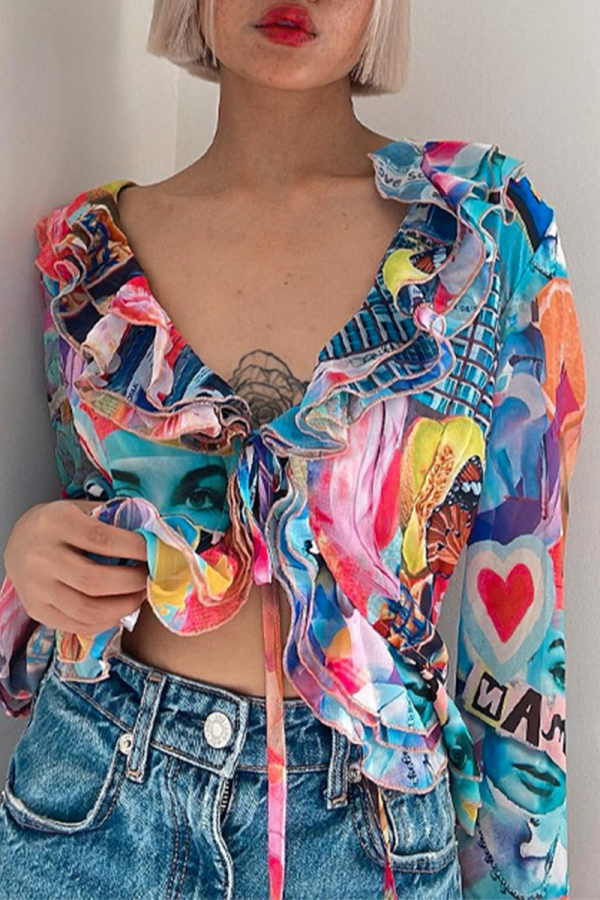 Colour Sexy Print Flounce V Neck Tops