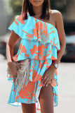 Orange Fashion Casual Print Patchwork Backless Oblique Collar Sleeveless Dress Dresses