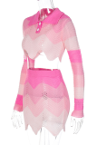 Deep Coffee Sexy Patchwork Hollowed Out Turndown Collar Long Sleeve Two Pieces