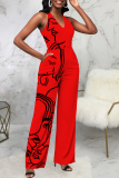 Yellow Fashion Print Patchwork V Neck Straight Jumpsuits