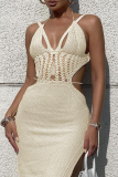Cream White Sexy Solid Hollowed Out Spaghetti Strap Pencil Skirt Dresses