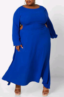 Blue Casual Solid Hollowed Out Patchwork O Neck Straight Plus Size Dresses