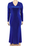 Blue Sexy Solid Sequins Patchwork V Neck Long Sleeve Plus Size Dresses