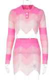 Deep Coffee Sexy Patchwork Hollowed Out Turndown Collar Long Sleeve Two Pieces
