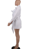 White Casual Solid Bandage Patchwork Buckle Turndown Collar Shirt Dress Dresses