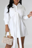 Rose Red Casual Solid Bandage Patchwork Buckle Turndown Collar Shirt Dress Dresses