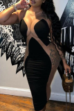 Black Sexy Solid Mesh O Neck Pencil Skirt Dresses