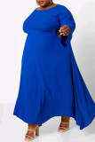 Blue Casual Solid Hollowed Out Patchwork O Neck Straight Plus Size Dresses