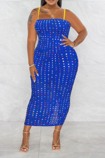 Blue Sexy Patchwork Hot Drill Spaghetti Strap Pencil Skirt Dresses