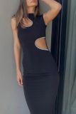 Black Sexy Solid Hollowed Out O Neck Pencil Skirt Dresses