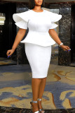 White Elegant Solid Patchwork Flounce O Neck Evening Dress Dresses