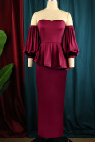 Burgundy Elegant Solid Patchwork Flounce Off the Shoulder Evening Dress Plus Size Dresses
