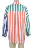 Blue Casual Striped Print Patchwork Buckle Turndown Collar Tops