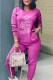 Rose Red Fashion Casual Print Letter O Neck Long Sleeve Two Pieces