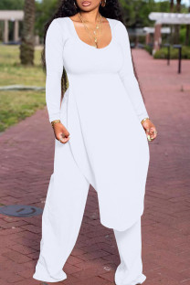 White Casual Solid Patchwork Slit O Neck Plus Size Two Pieces