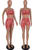 Red Sexy Print Patchwork Spaghetti Strap Sleeveless Two Pieces