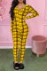 Yellow Fashion Plaid Buckle V Neck Skinny Jumpsuits