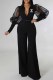 Black Fashion Casual Letter Patchwork Turndown Collar Jumpsuits