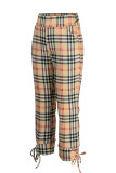 Deep Coffee Fashion Casual Plaid Print Patchwork Regular High Waist Trousers