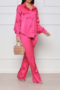 Rose Red Fashion Solid Patchwork Turndown Collar Long Sleeve Two Pieces