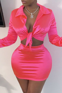 Pink Sexy Solid Patchwork Turndown Collar Long Sleeve Two Pieces