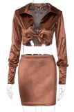 Brownness Sexy Solid Patchwork Turndown Collar Long Sleeve Two Pieces