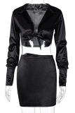 Black Sexy Solid Patchwork Turndown Collar Long Sleeve Two Pieces