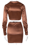 Brownness Sexy Solid Patchwork Turndown Collar Long Sleeve Two Pieces