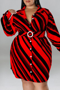 Red Casual Print Patchwork Buckle Turndown Collar Shirt Dress Plus Size Dresses
