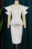 White Elegant Solid Patchwork Flounce O Neck Evening Dress Dresses