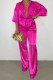 Rose Red Casual Solid Patchwork Buckle Turndown Collar Half Sleeve Two Pieces